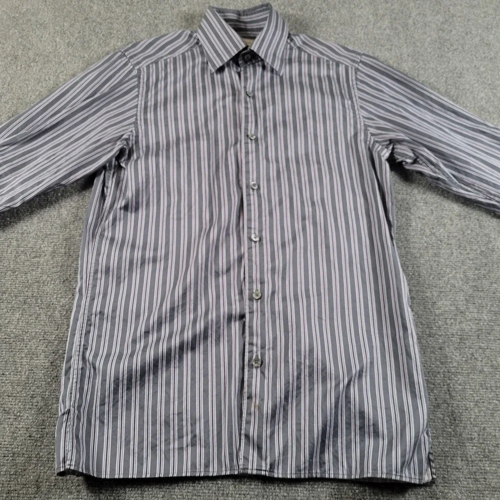 Ermenegildo Zegna‎ Shirt Men Small Blue Gray Purle Stripped Cotton Made in Italy